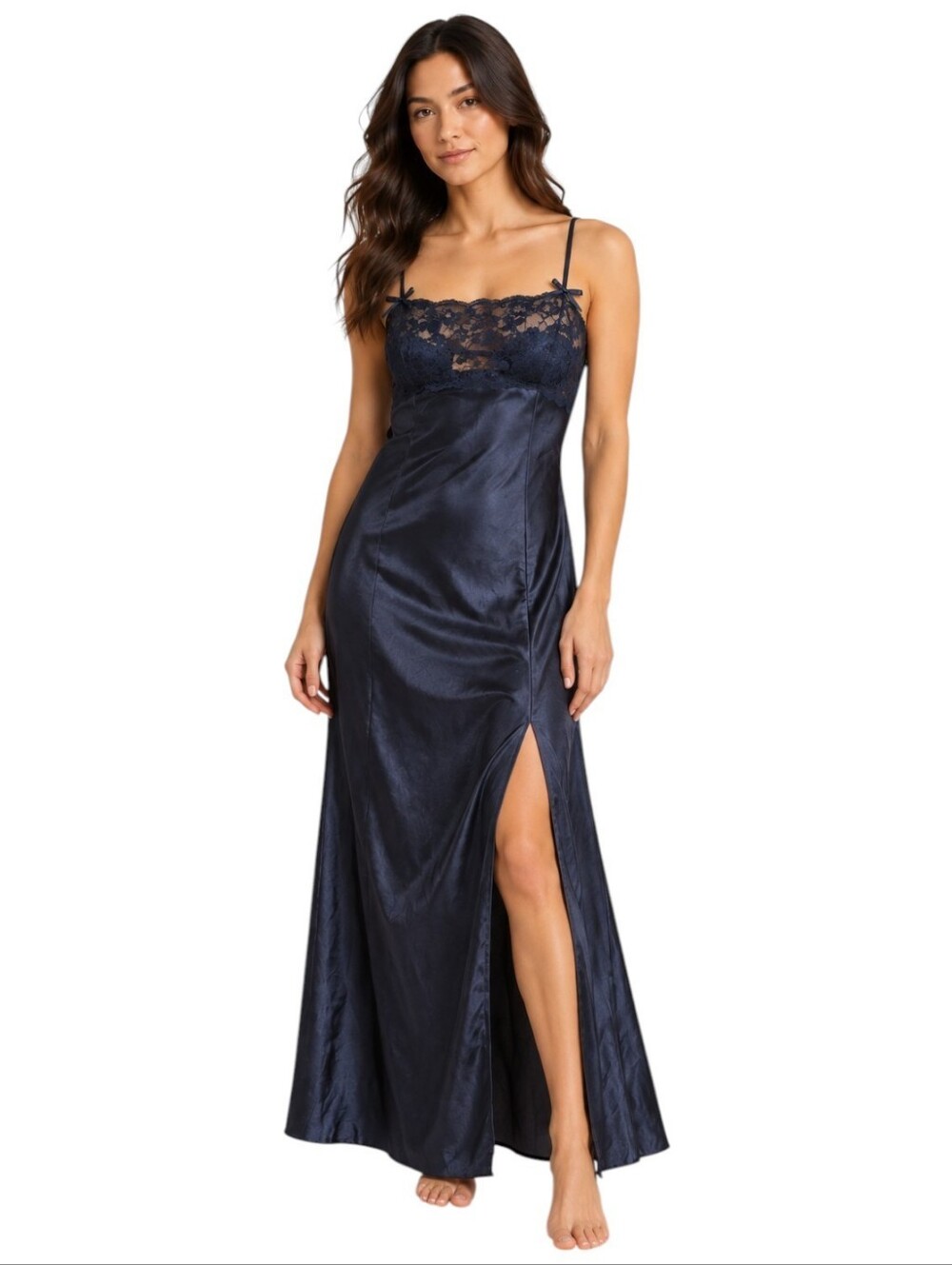 Vintage La Senza Lingerie Navy Satin Lace Maxi Slip Dress Women's Small